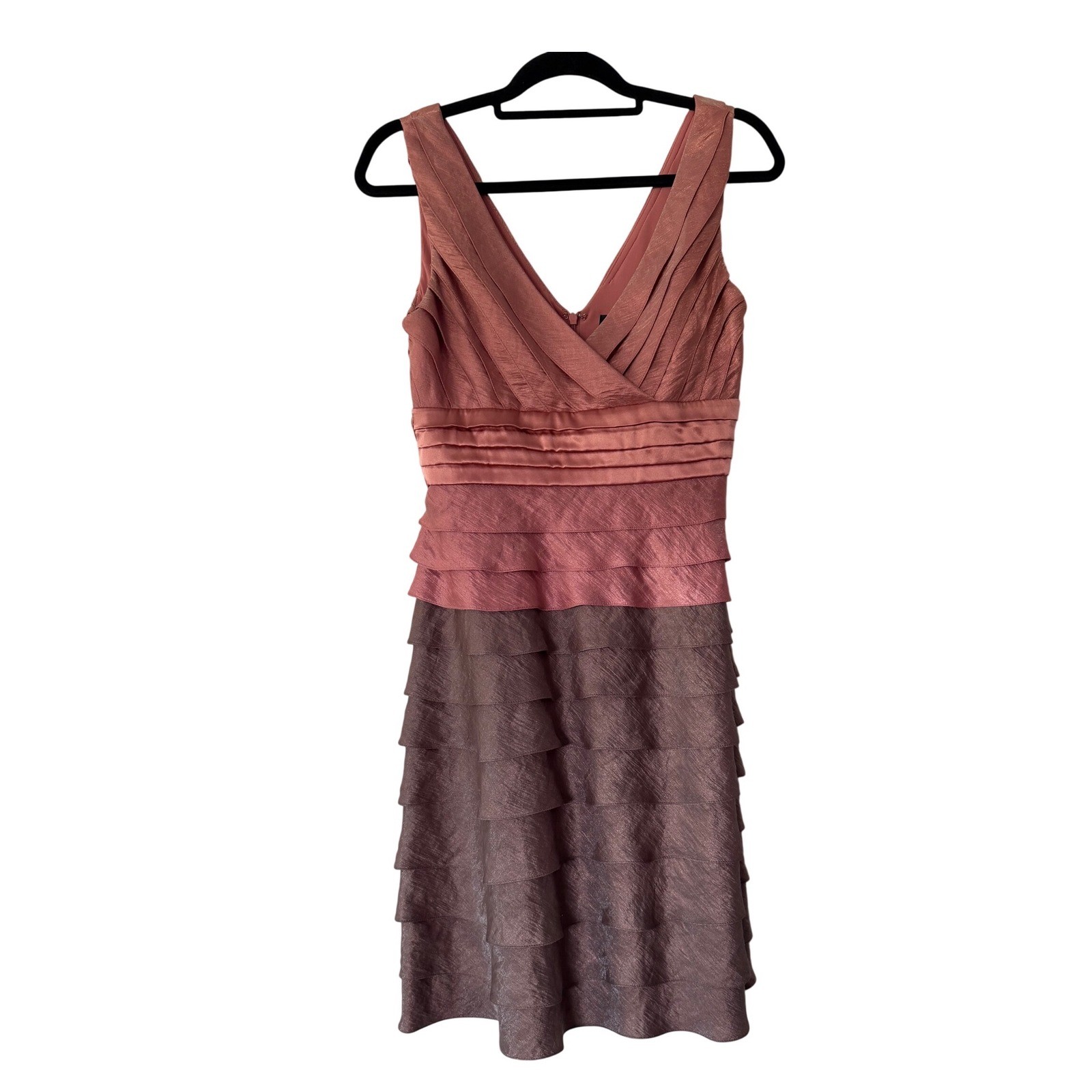 Adrianna Papell Ombre Tiered Cocktail Dress Rose Taupe V-Neck Shimmer Size 8