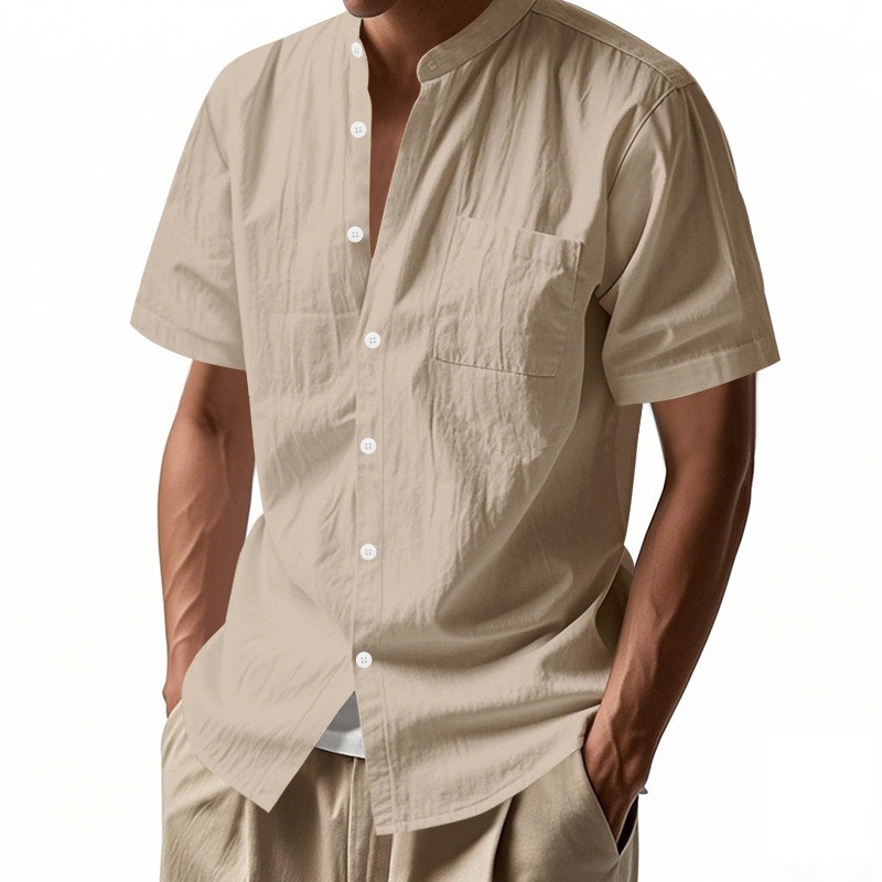 Summer Solid Stand Collar Pocket Loose Casual Shirt Tee