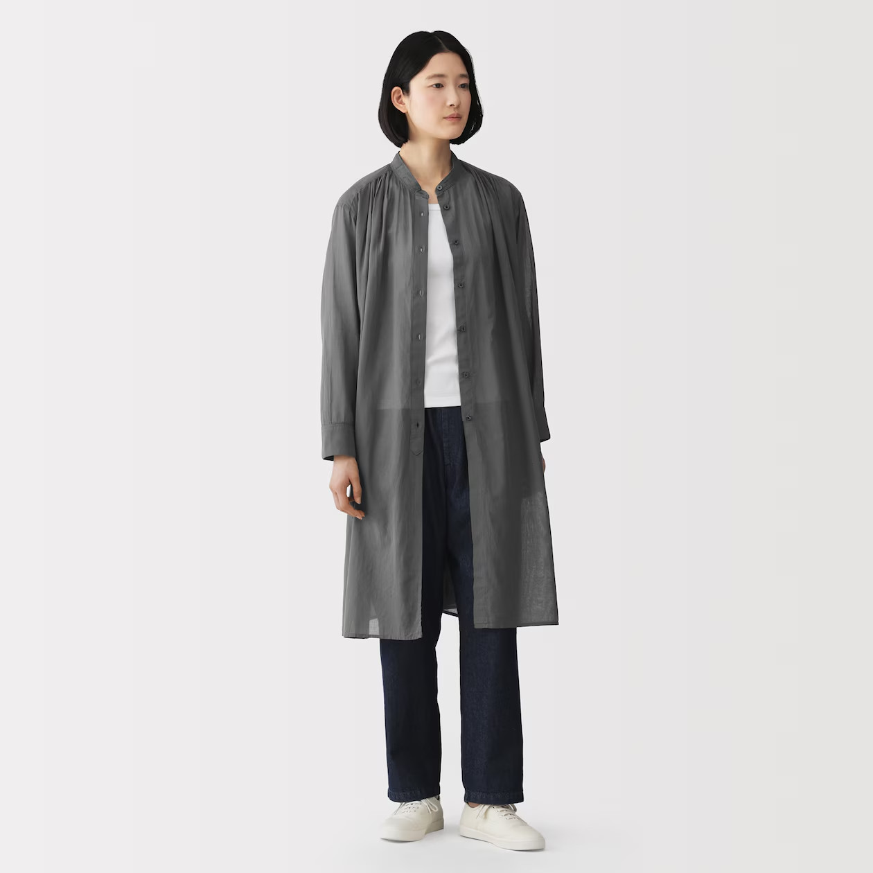 MUJI Womens 100% Organic Cotton Sheer Shirt Dress Charcoal Gray FedEx