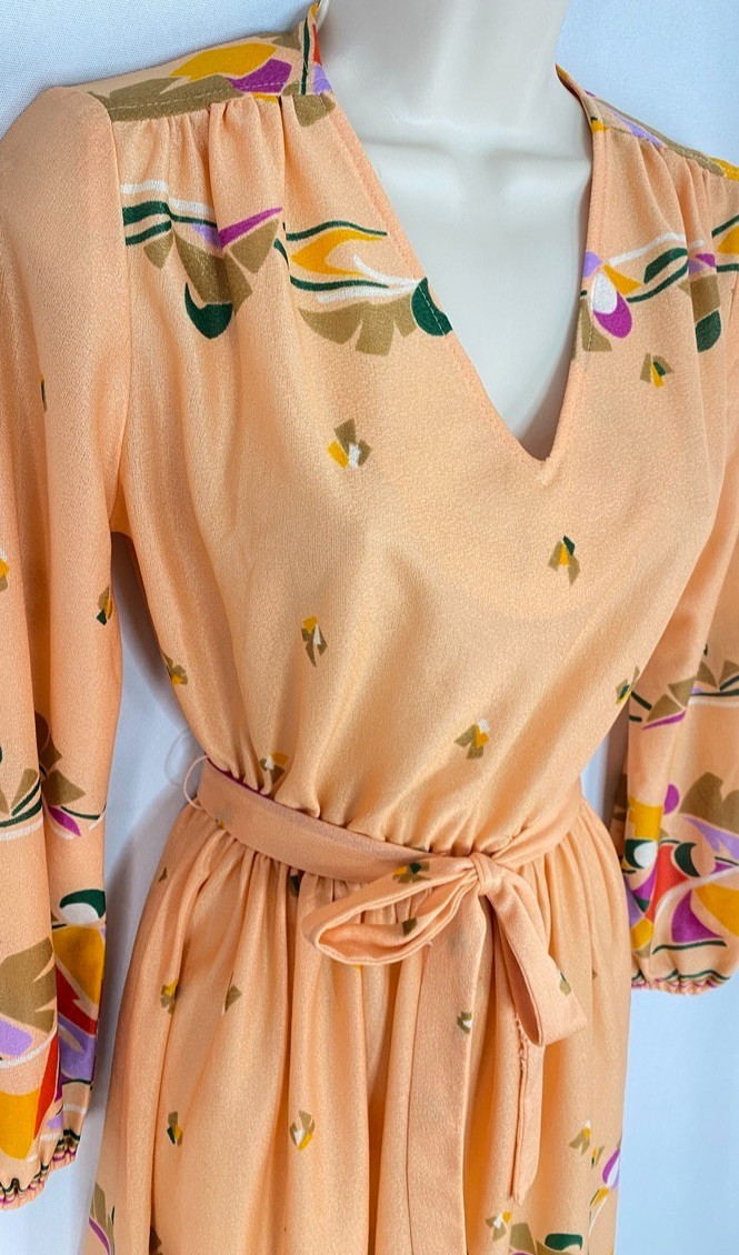 Vintage 1970s orange midi dress S M long balloon sleeve peach pullover sheer