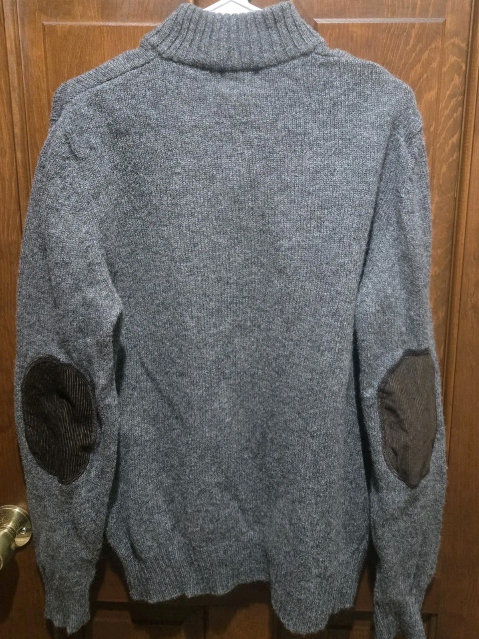 LL Bean Sweater Mens Medium Gray Shetland Wool Corduroy Elbow Patches 1/4 Zip