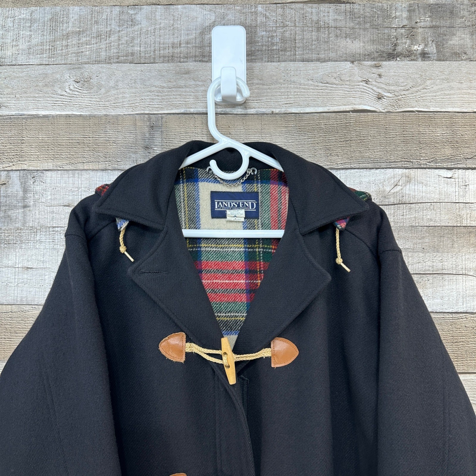 Lands End Womens Black Wool Duffle Coat Plaid Lined Hooded Toggle Button