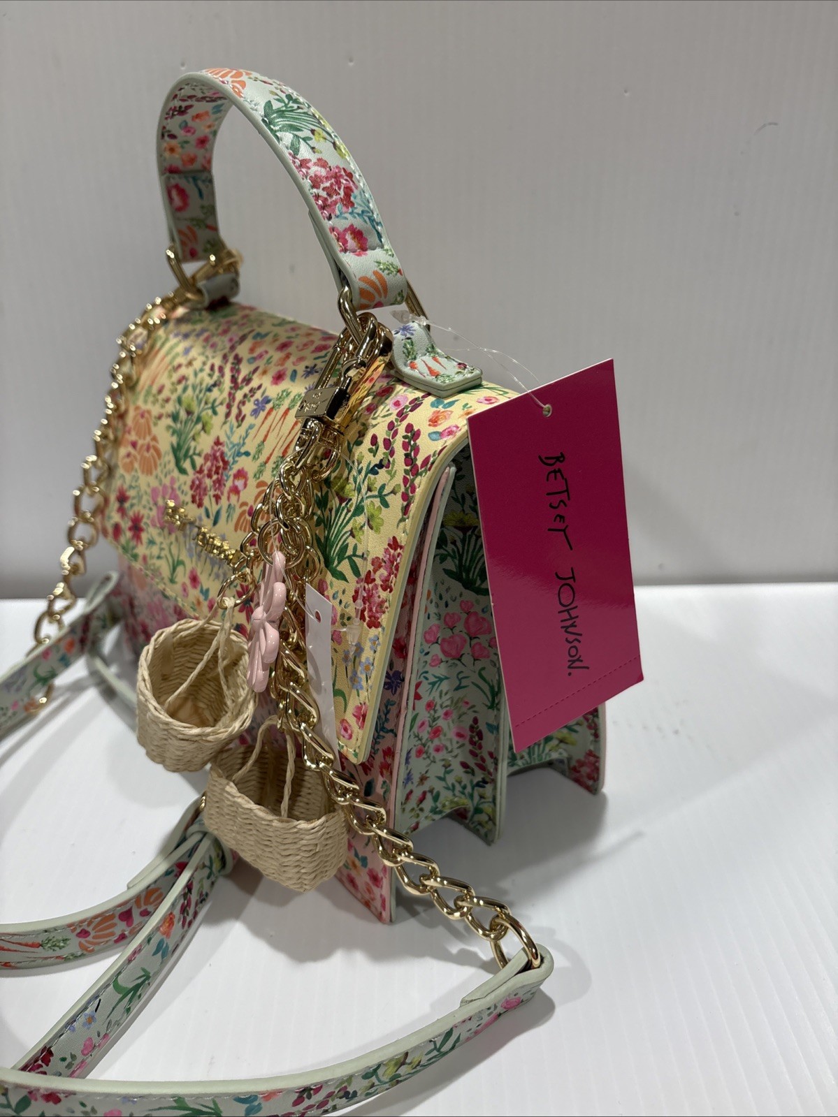 Betsey Johnson Spring Floral Yellow Bag Purse Crossbody Top Handle Basket charm