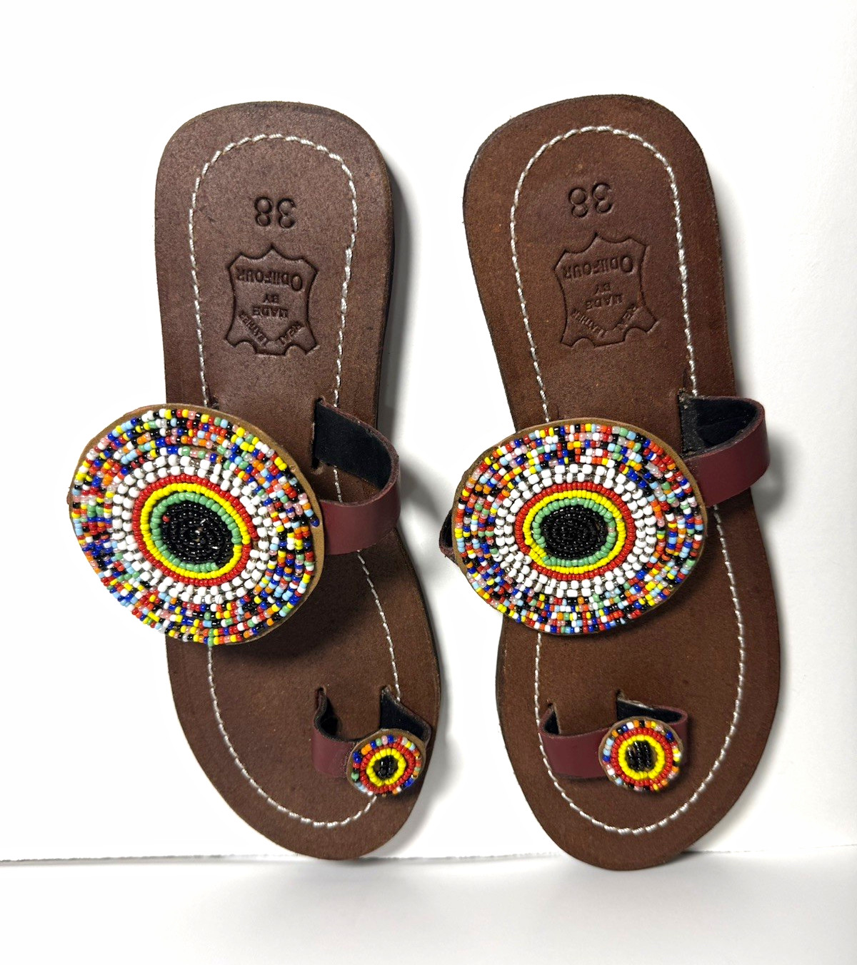 Women’s Brown/Multicolor Handmade Beaded African Thong Leather SlipOn Flat EU 38