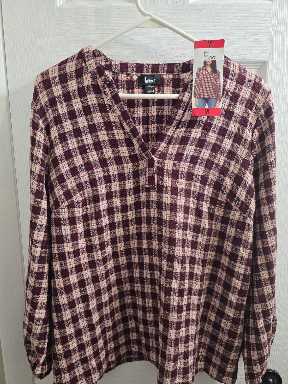 Felina Women’s Burgundy Pink White Plaid V-Neck Long Sleeve Pullover Top M