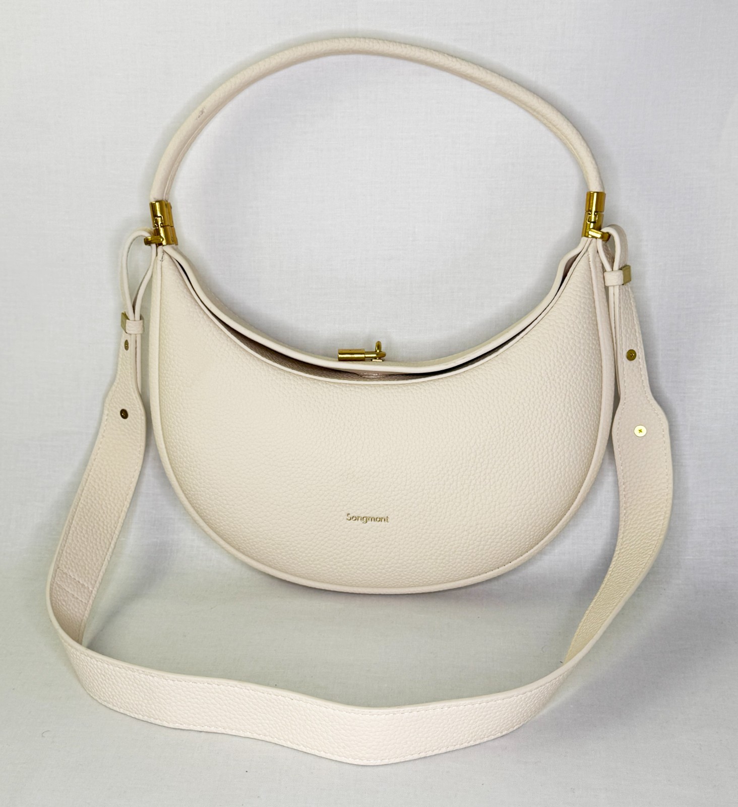Songmont Pebbled Leather Crescent Hobo Bag Cream Ivory Crossbody Shoulder Purse