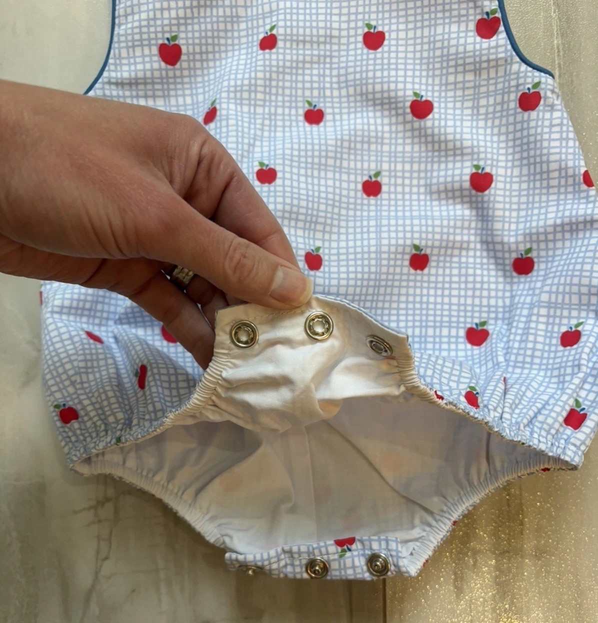 New! Beaufort Bonnet Company Preppy Blue Check Apple Benjamin Bubble Romper 0-6M