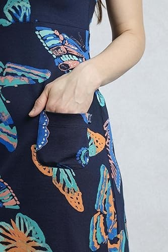 WEIRD FISH DARK BLUE BUTTERFLY PRINT TALLAHASSEE JERSEY DRESS SIZE 16 (REF 211)