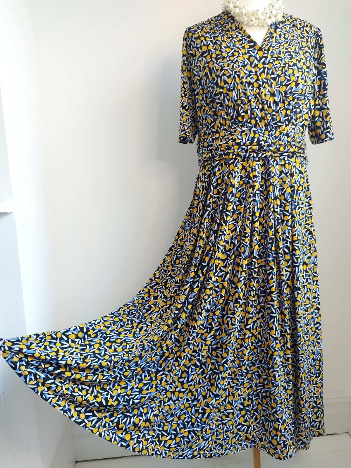 JOLIE MOI Dress Midaxi Yellow Blue Pattern Fit & Flare Jersey Size UK 20