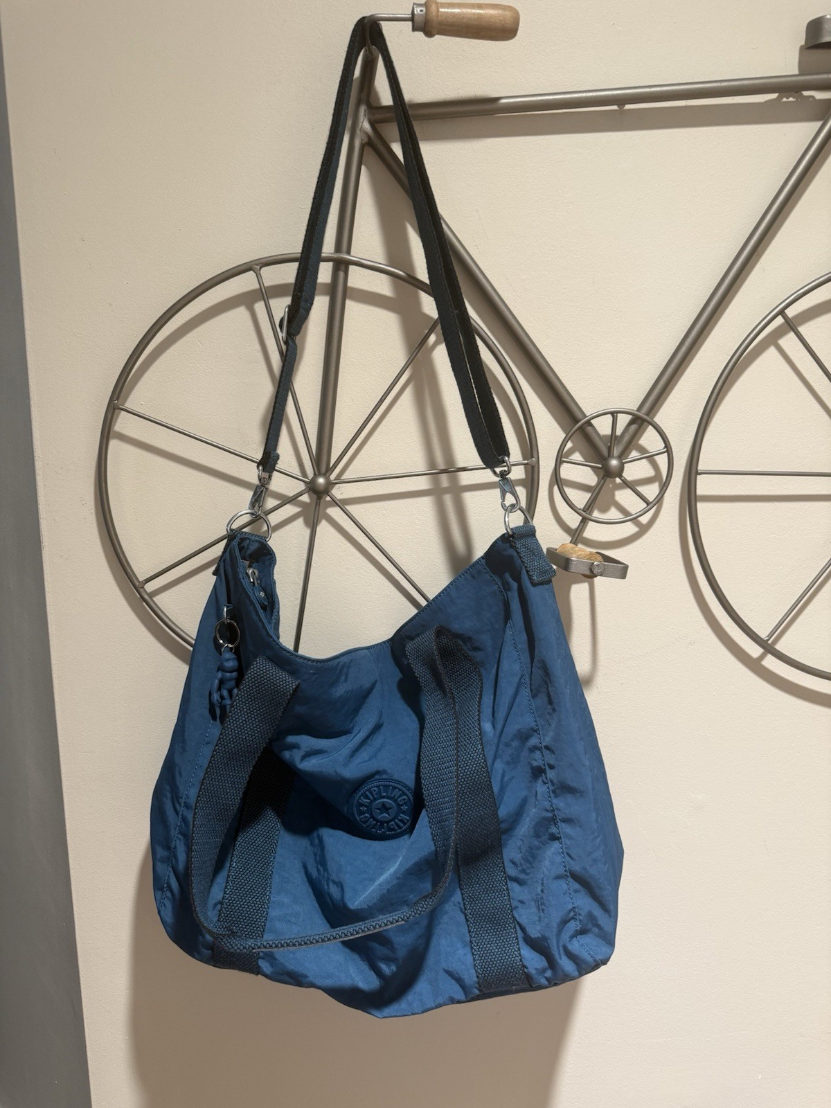 Kipling Asseni Blue Crinkle Nylon Tote Bag Crossbody Purse Rubber Monkey Fob