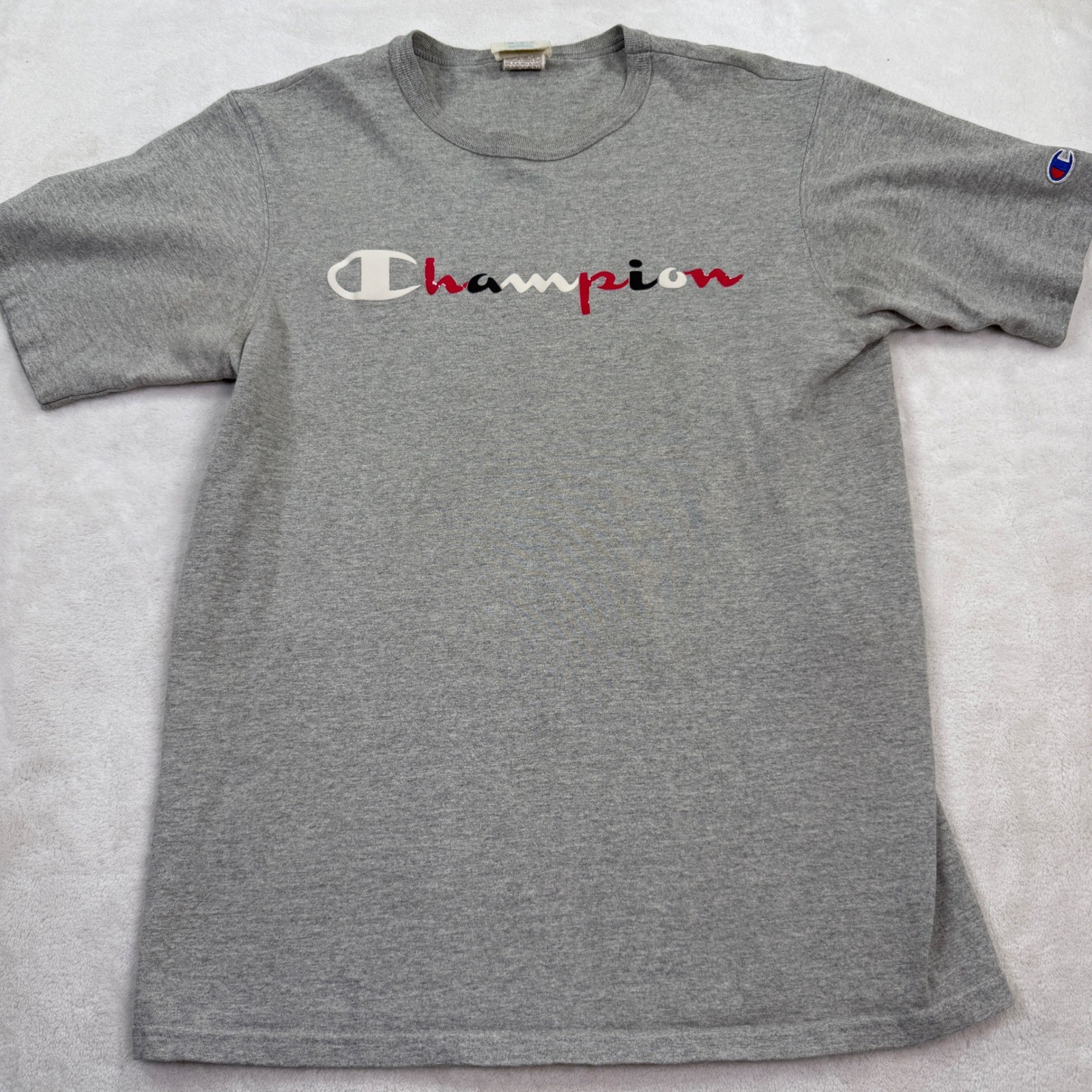 Champion Mens Script Logo T-Shirt Gray Short Sleeve Crew Neck GT19 Medium