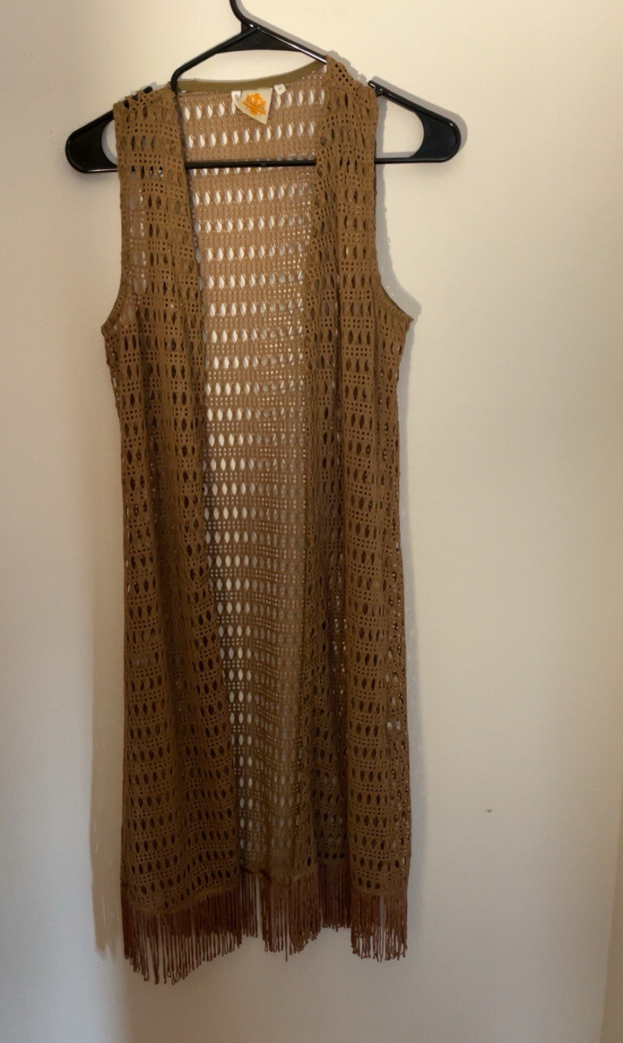 Avaliable Women’s Beige Long Open Front Sleeveless Fringe Vest Lightweight S