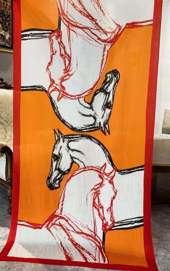 100% wool orange horse print large square scarf shawl 200 * 100cm