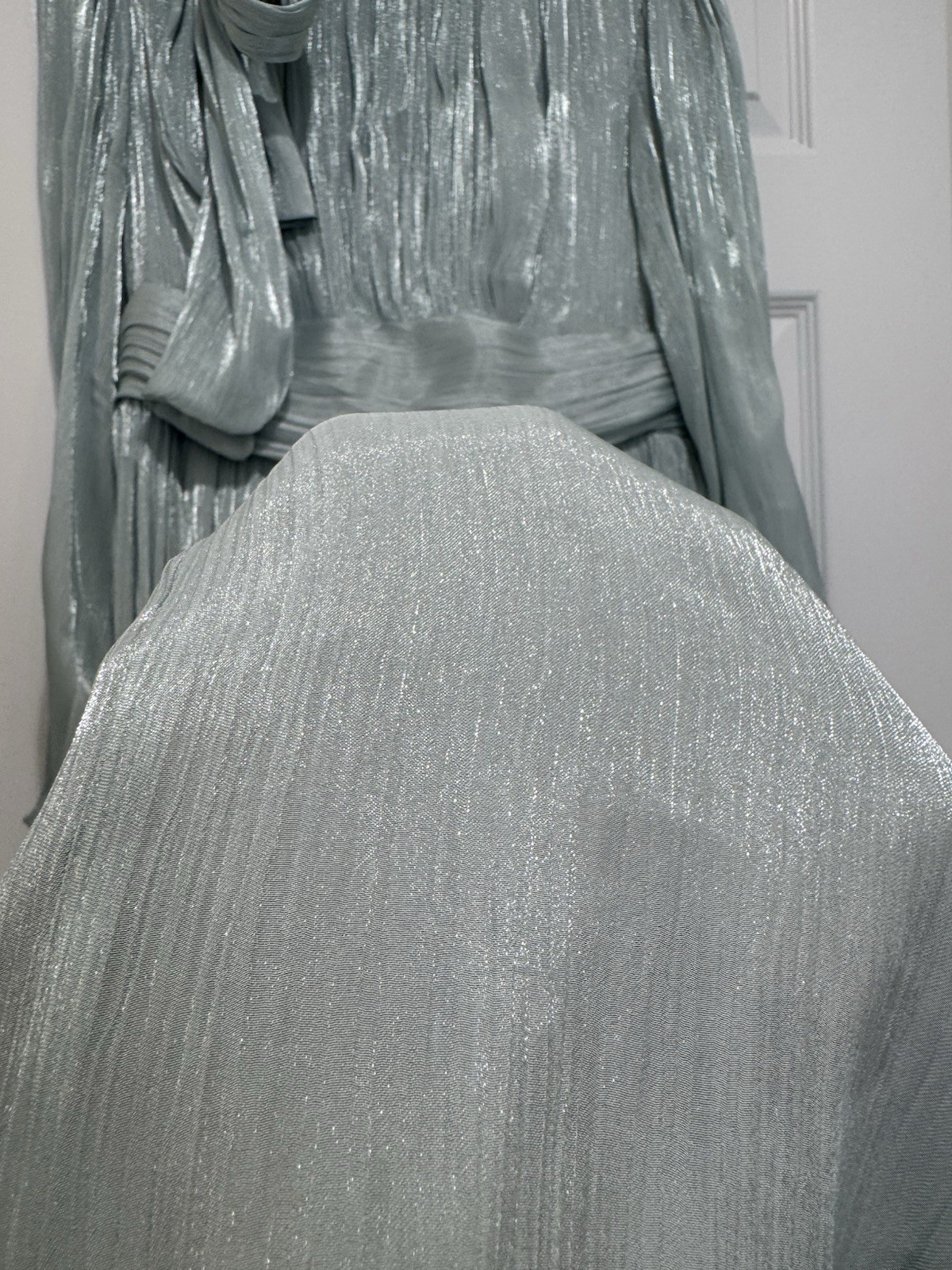 ANEWSTA Sage Green Shimmer Pleated Midi Dress Bow Neck Long Sleeve L