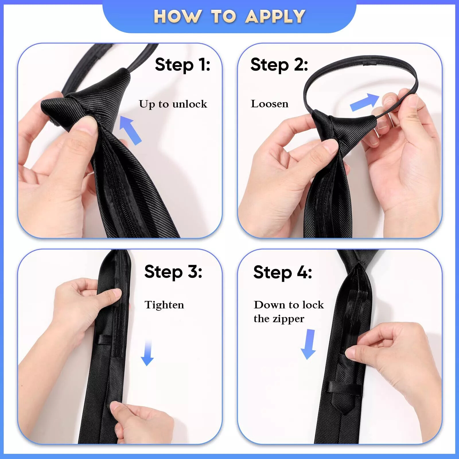 3× Men’s Black PreTied Necktie Men Adjustable Office Zipper Neck Tie Gifts USA