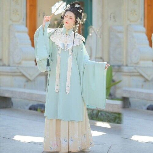 Chinese Style Ming Dynasty Cloud Shoulder Stand Collar Long Shirt Pleated Dress