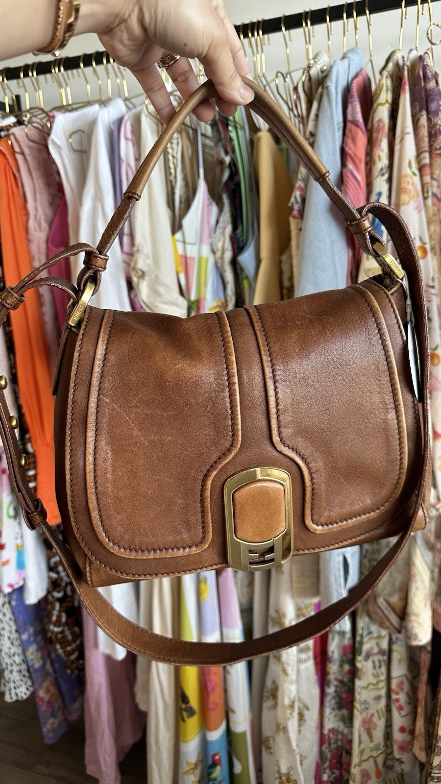 Fendi FF Vintage Brown Tan Leather Medium Anna Shoulder Bag