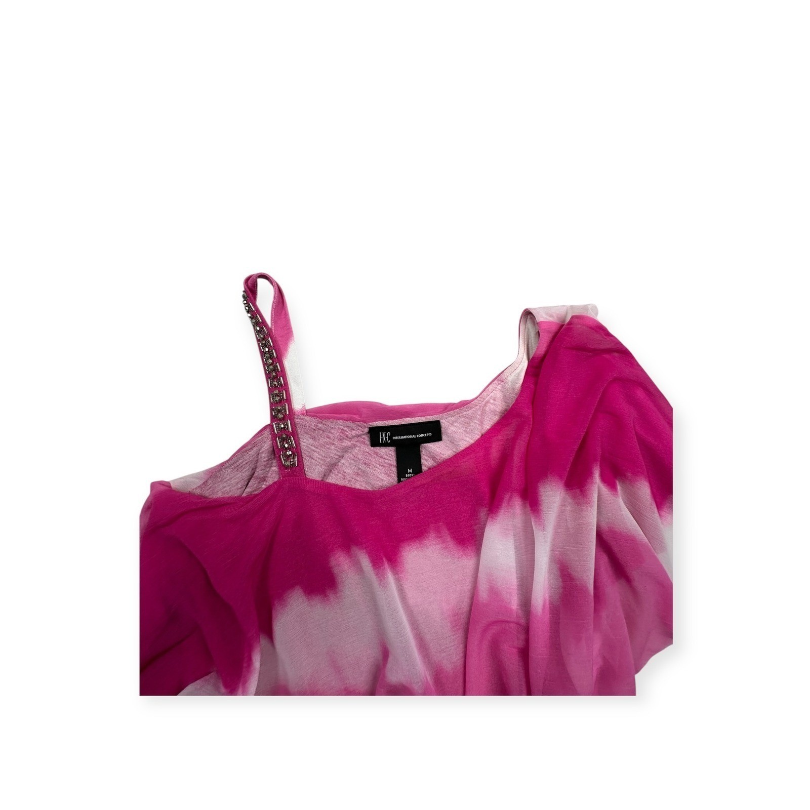 INC International Concepts Pink Tie Dye One Shoulder Ruffle Top Rhinestone Strap