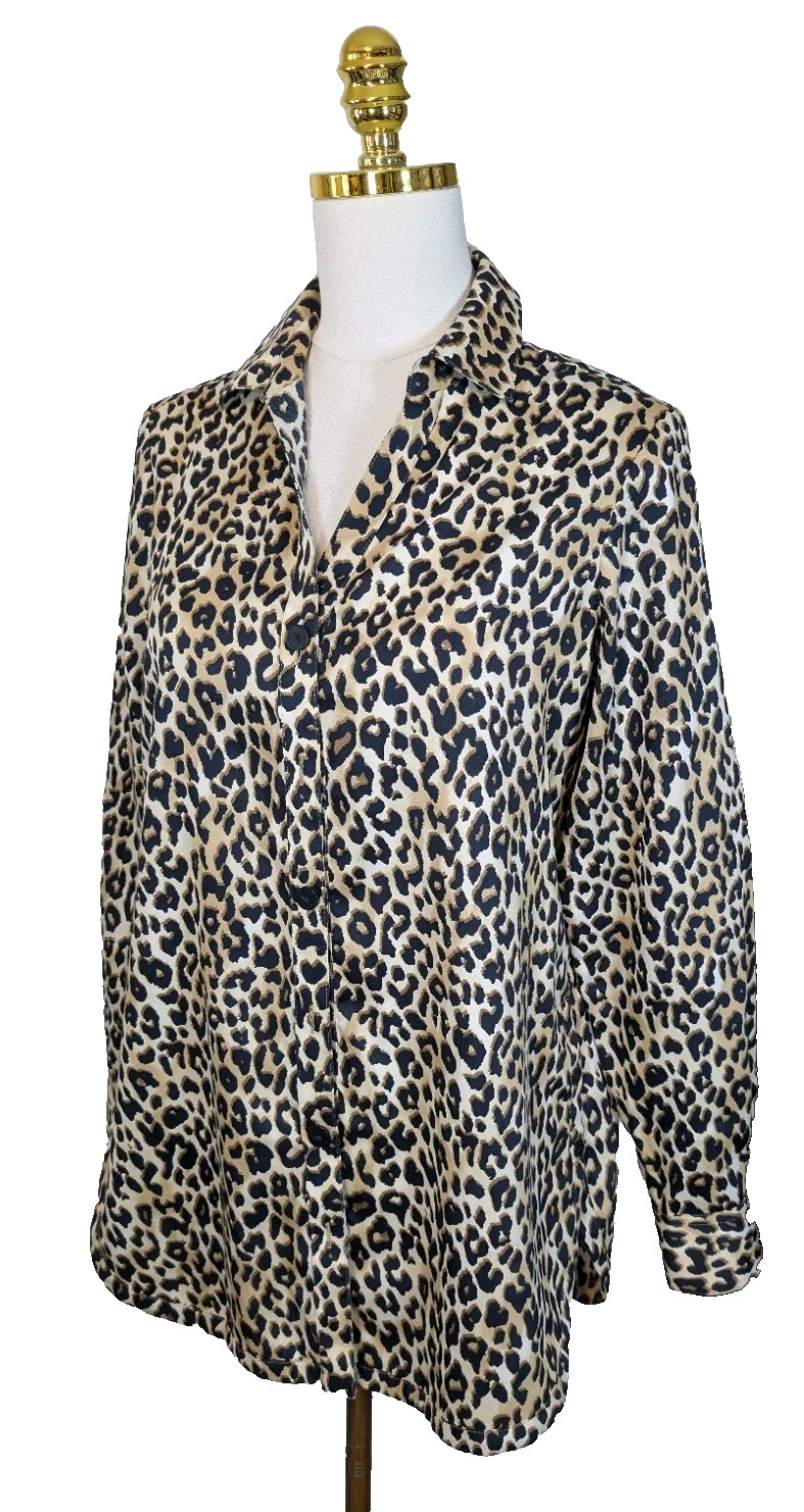 Foxcroft 8 Leopard Print Cotton Long Sleeve Split V-neck Long Tunic Shirt