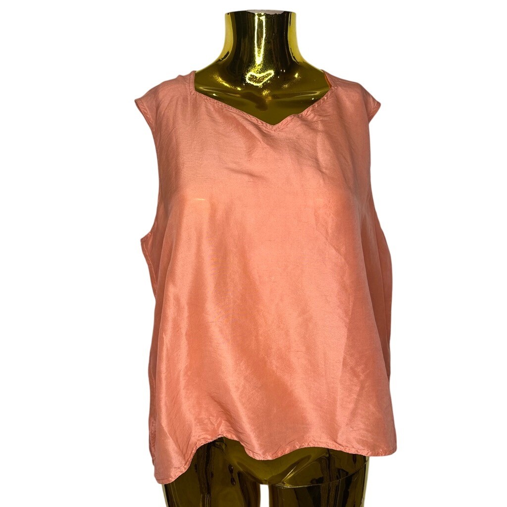 Vintage Minimalist 100% Silk Shell Top Coral Orange V-Neck Sleeveless Blouse XL