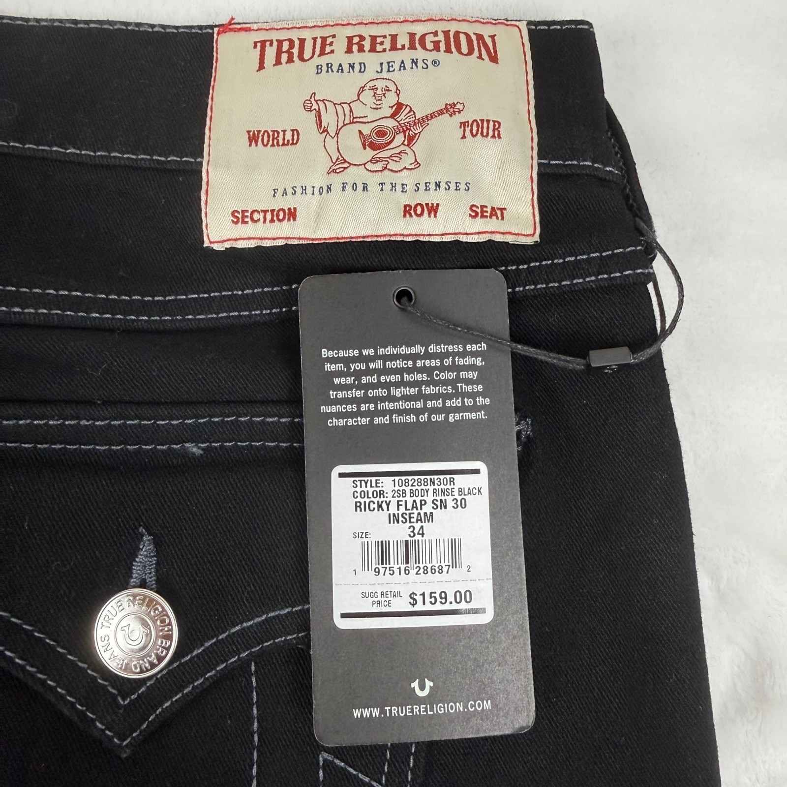 True Religion Ricky Flap SN Black Jeans Mens 34×30 (Fit 36×29) Straight Leg NEW
