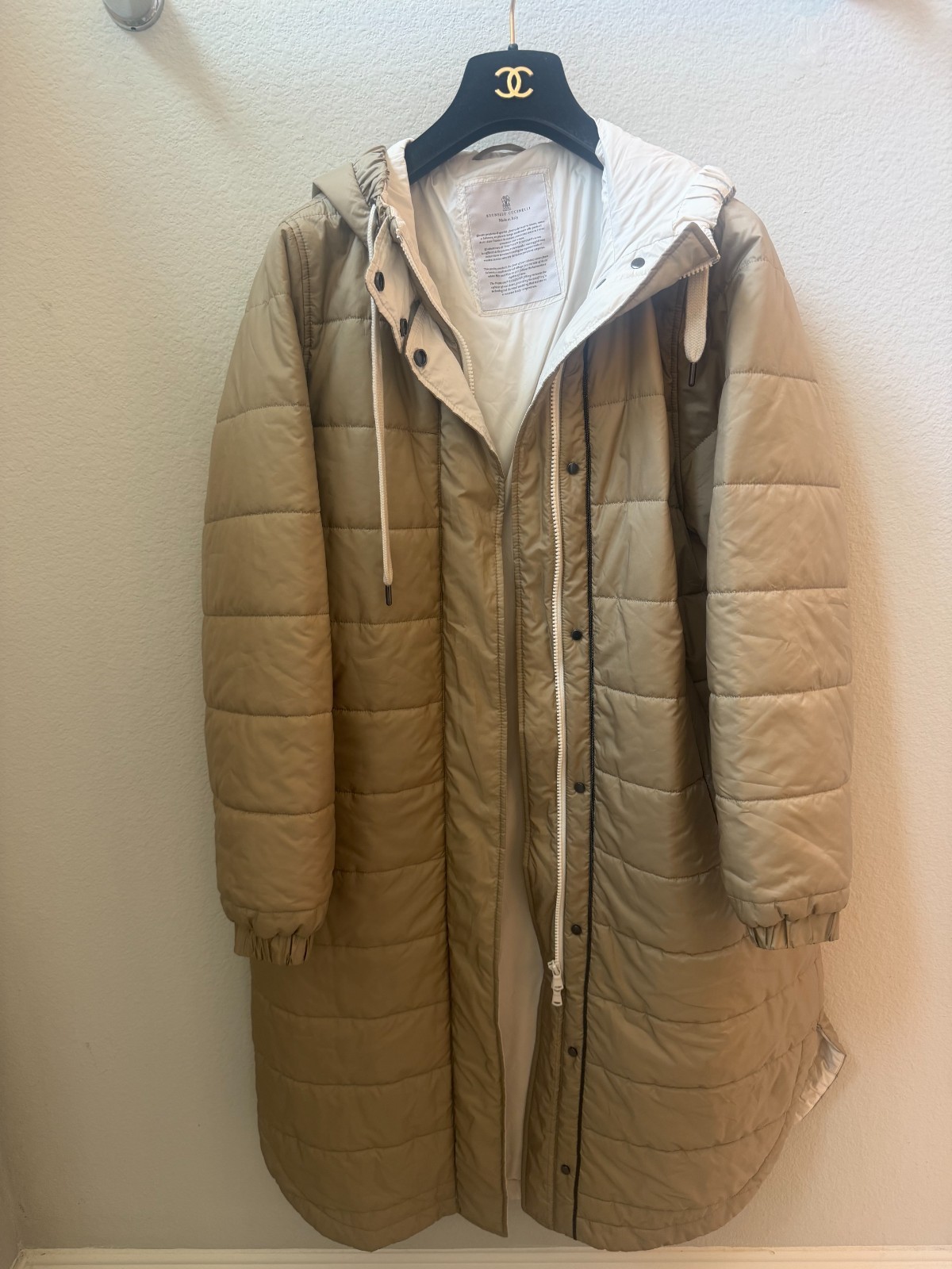 Auth Brunello Cucinelli Hooded Long Puffer Coat Beige White IT 42 (US6)
