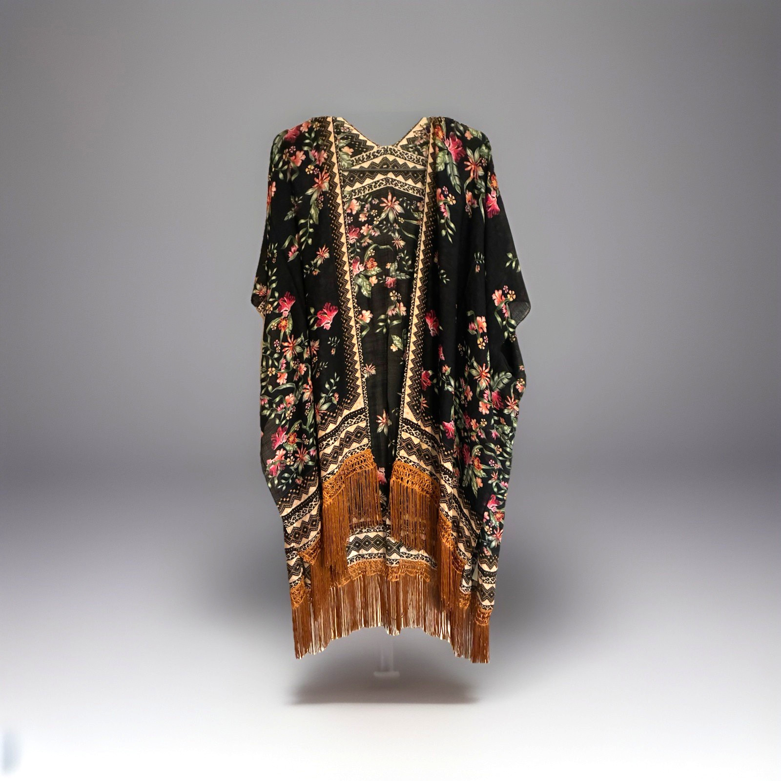 Black Floral Boho Hippie Vintage Kimono Fringe Tassel Cardigan Duster Reg PLUS