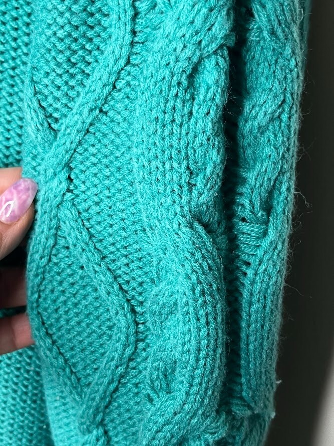 Hooded Cardigan Button Up Cable Knit Sweater Coat size Small Turquoise Sharpa