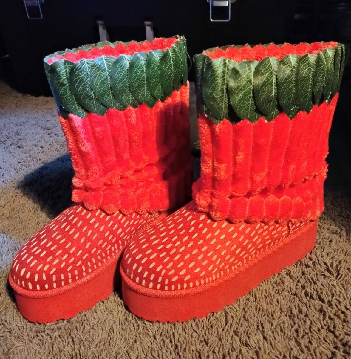 Strawberry Shortcake Women’s Ankle Bootie Red/Green Quilted Felt Faux Fur