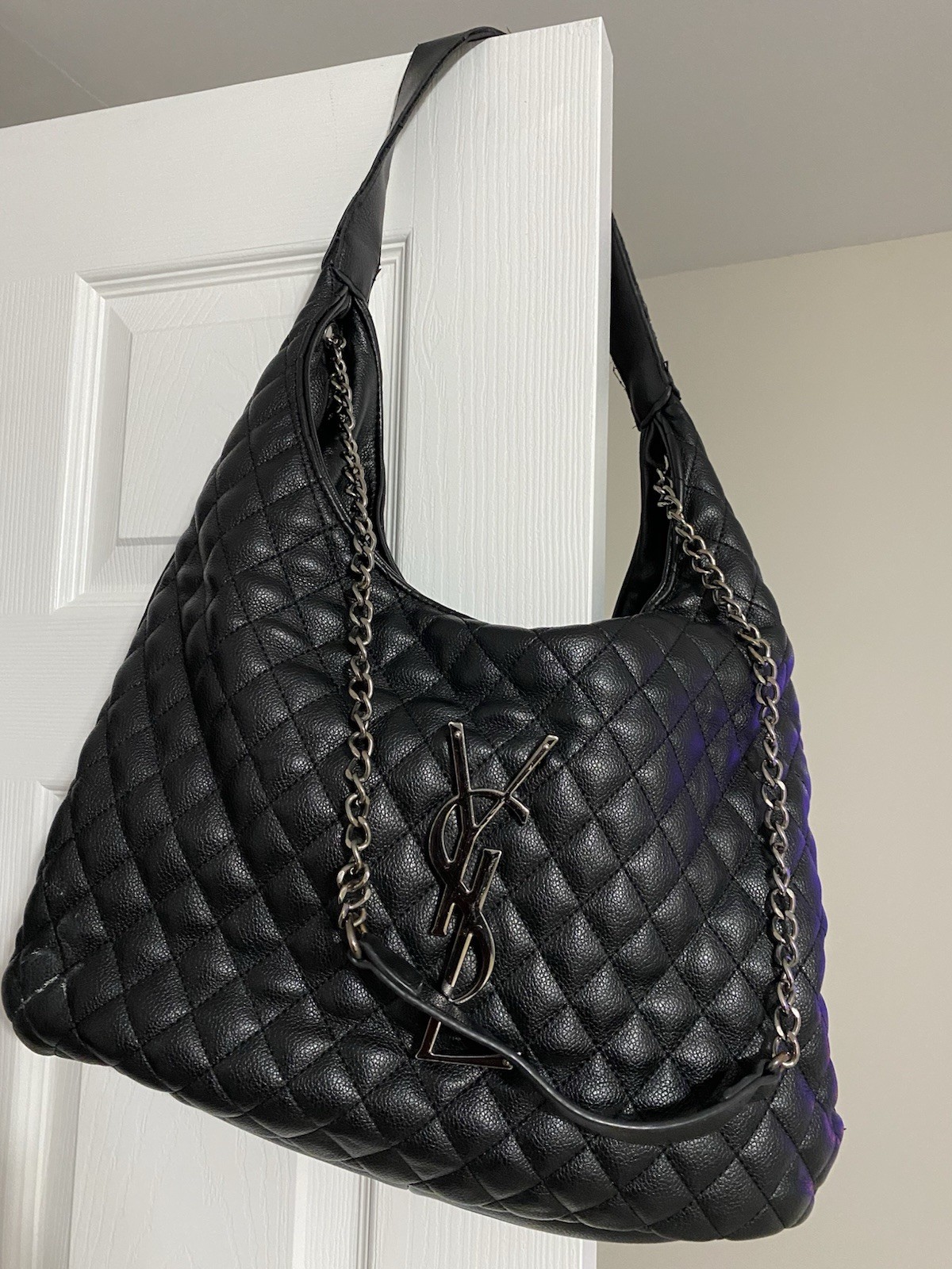 Saint Laurent Black Quilted Shoulder Bag Chain Strap Zip Silver Hardware Logo