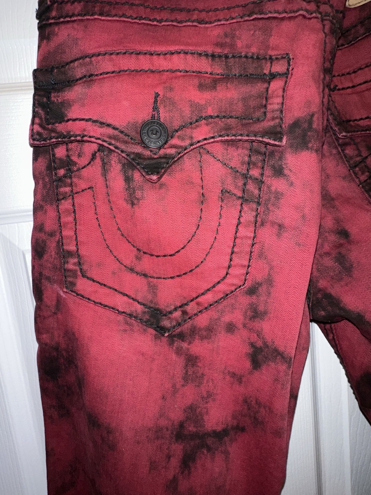 True Religion Jeans Mens 31 Red Black Acid Tie-Dye Wash Straight Pants