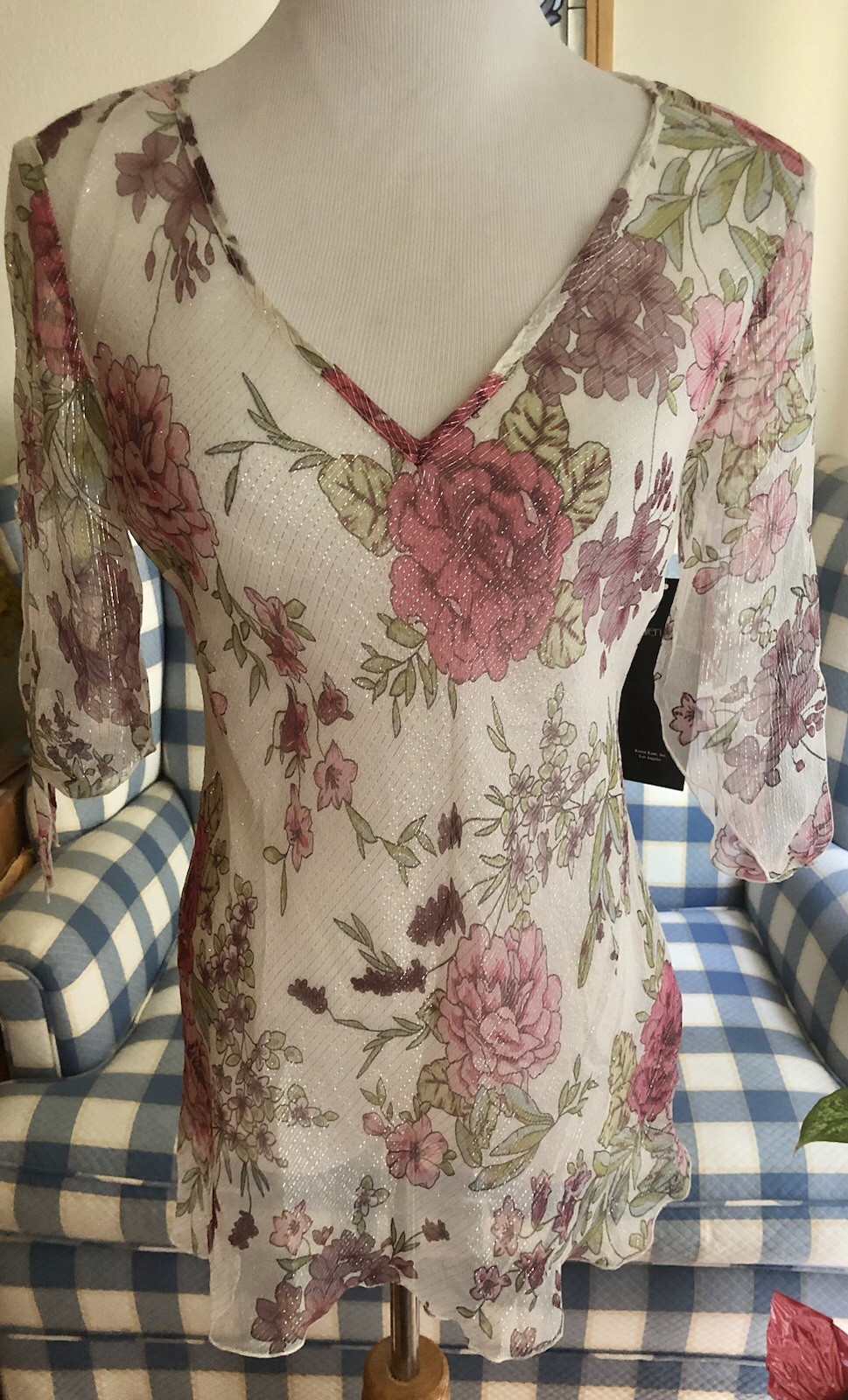 VTG Karen Kane Cami Tunic Top Silk Sheer Floral Shimmer Fairy NWT $108 Size 12
