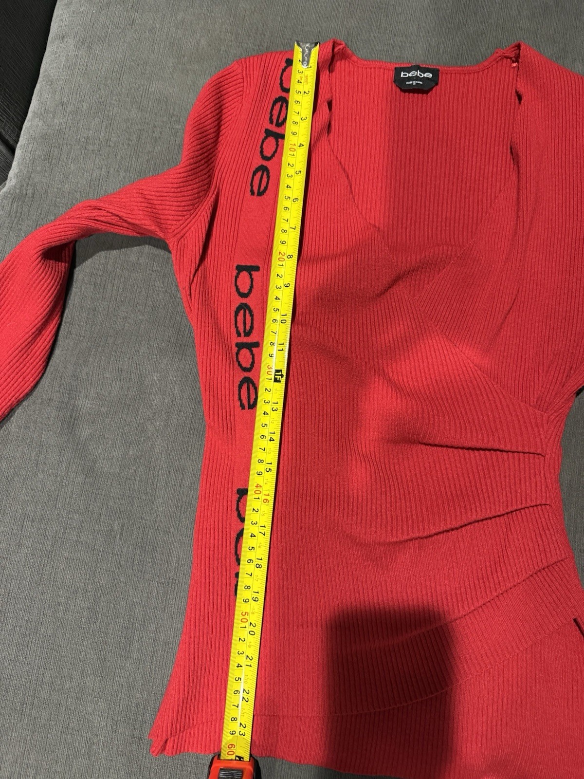 BEBE Red Asymmetric Side LOGO Faux Wrap Ribbed Knit V Neck Sweater Size Small