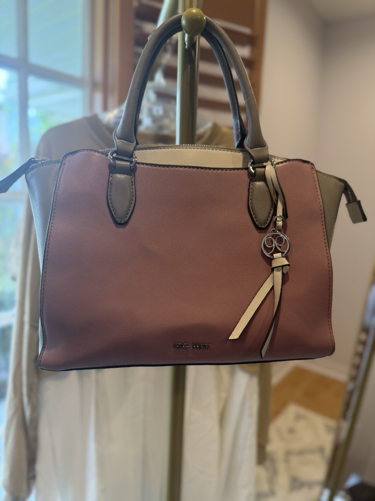 Nine West Colorblock Satchel Top Handle Pink/Gray/Beige Zip, Bag Charm