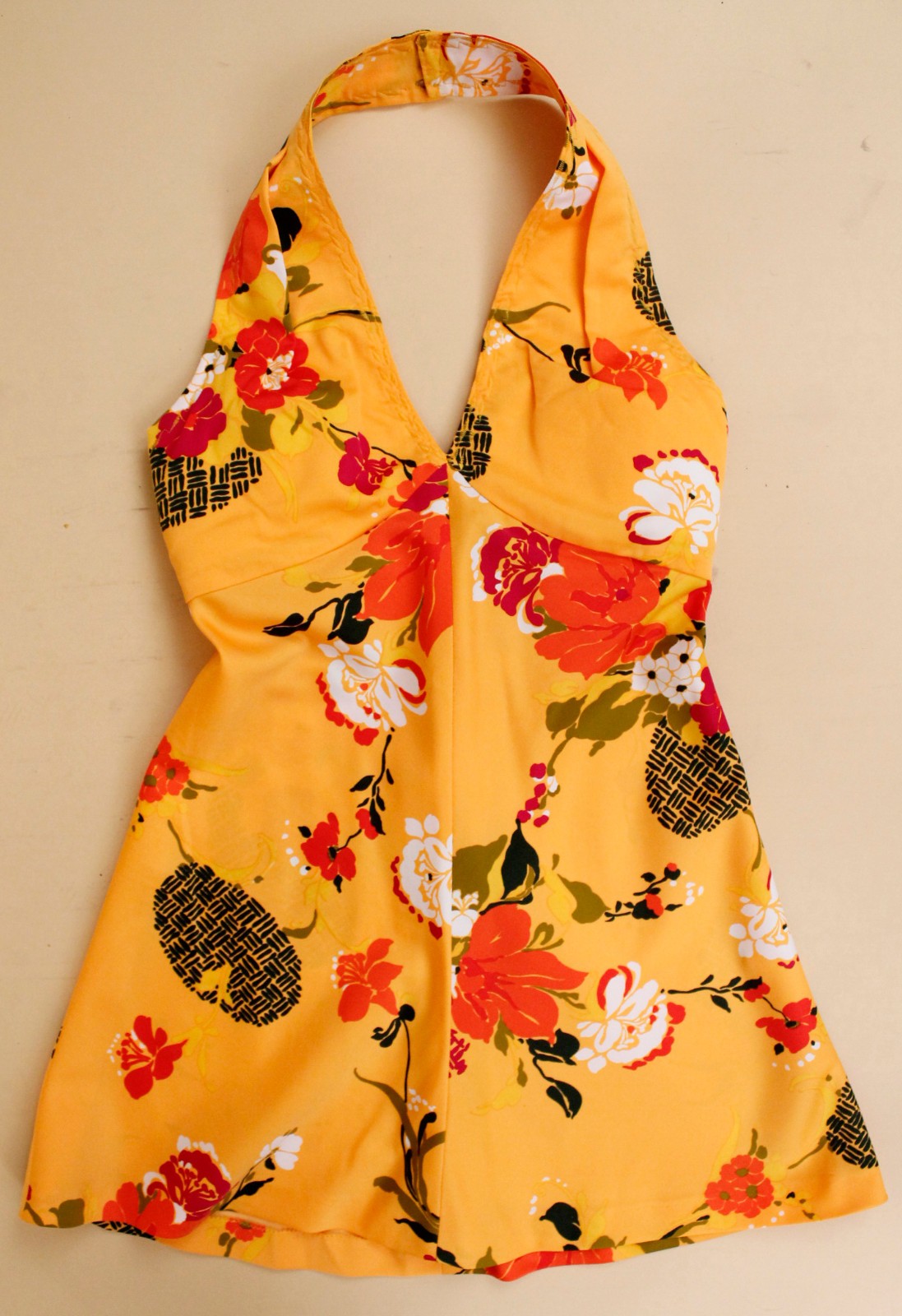 60s 70s Vtg Yellow Floral Micro Mini Dress Halter Top Mod Hawaiian Handmade Xs