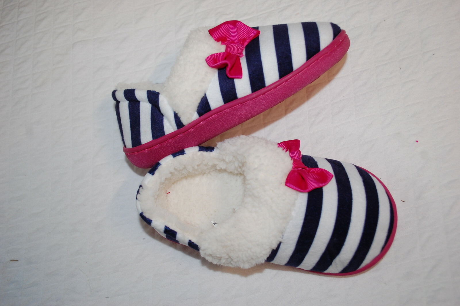 Toddler Girls Slippers BLUE WHITE STRIPE PINK BOW Size 5-6 7-8 9-10 11-12 13-1