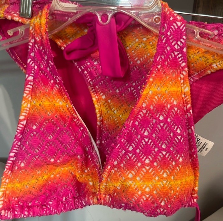 Crochet Lace Colorful Bikini Set Orange Pink Yellow Top S Bottoms M Retro