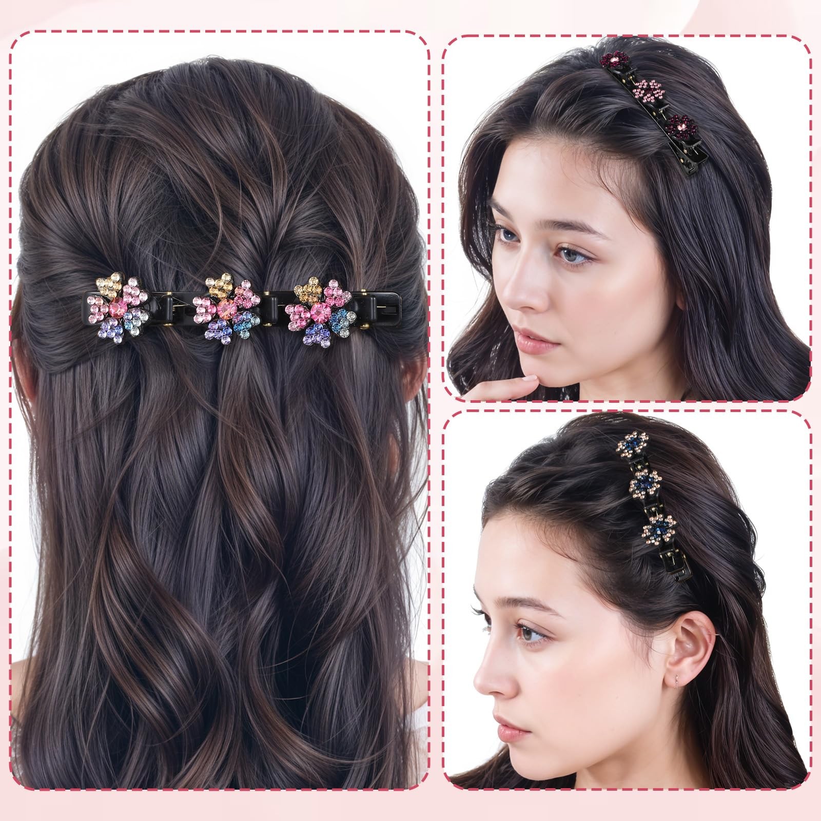 4PCS Sparkling Crystal Stone Braided Hair Clips with 3 Small Clips