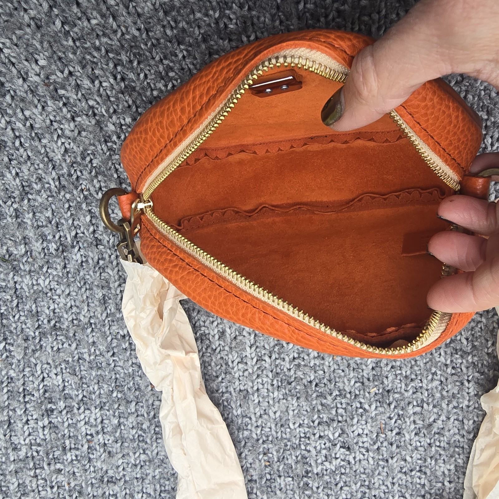 Orange Pebbled Oval Shoulder Bag, Zip Closure, Gold Hardware, Strap/Chain