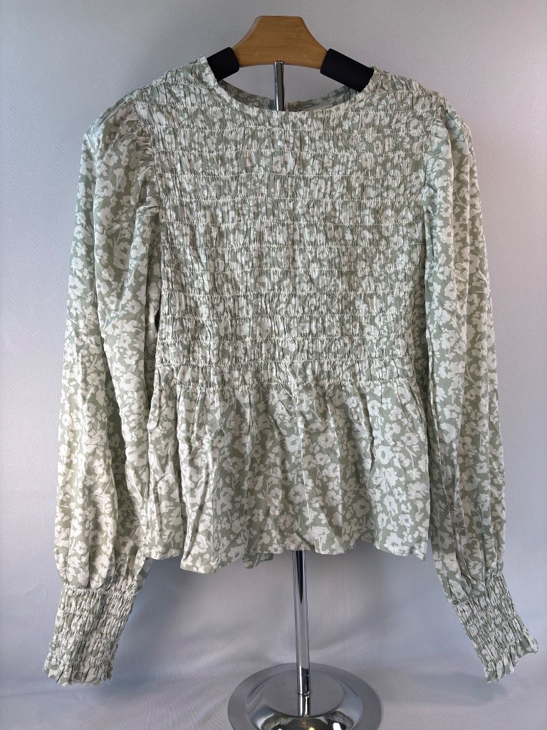 A New Day Smocked Floral Sage Green Peplum Blouse Top Size M Cottagecore