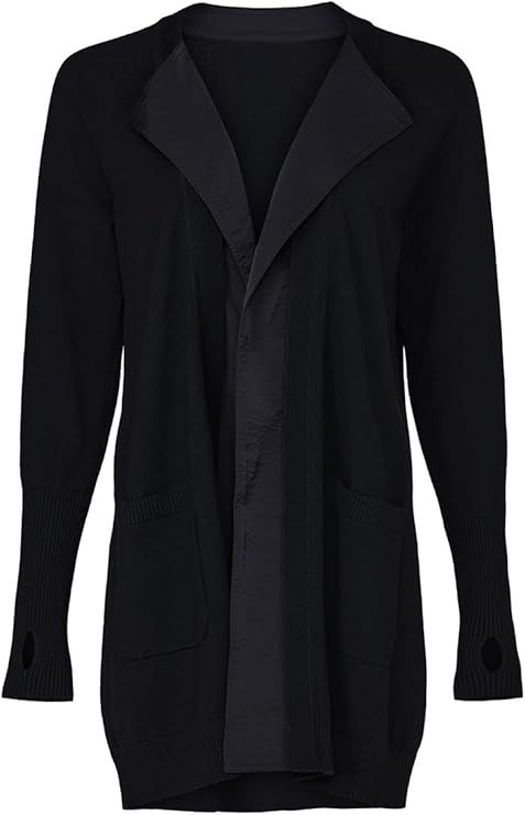 KaufmanFranco FAB! Woven Mixed Media Pocket Thumbholes Open Cardigan in Black L