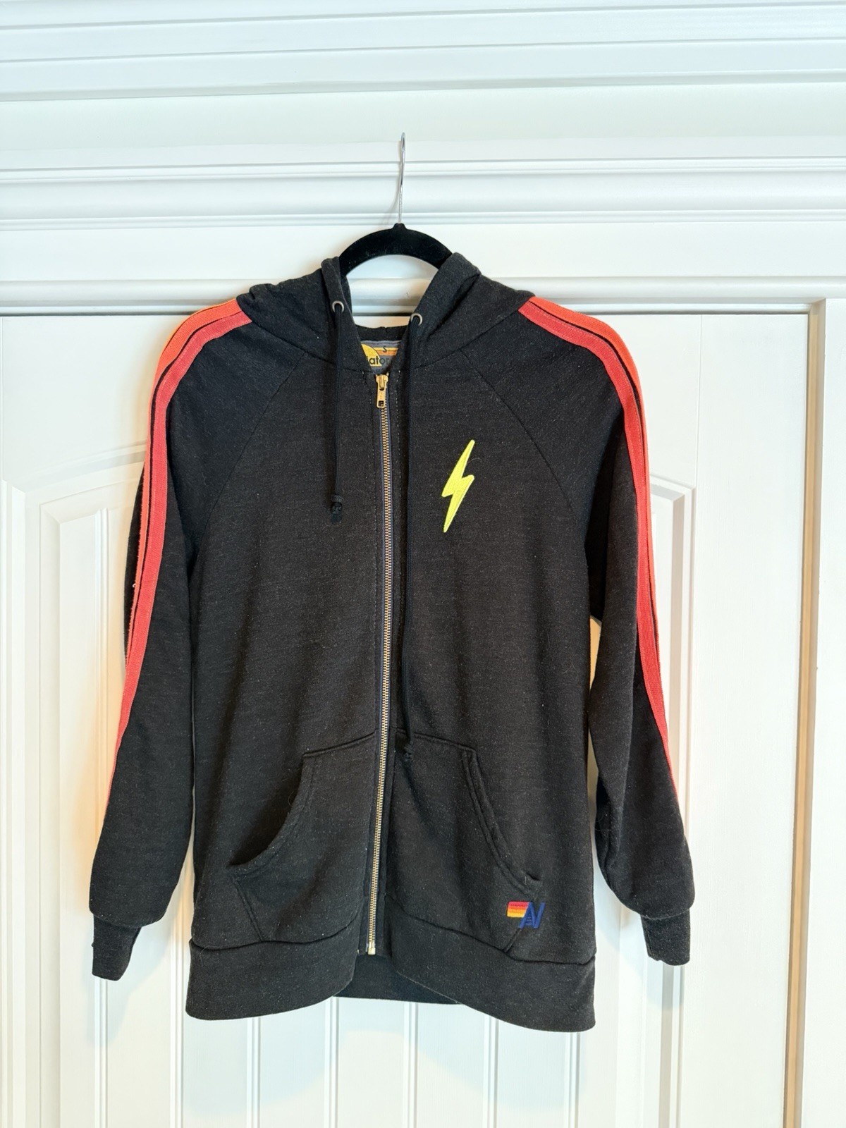 Aviator Nation Women’s Gray Full Zip Hoodie S Rainbow Stripe Sleeves Bolt