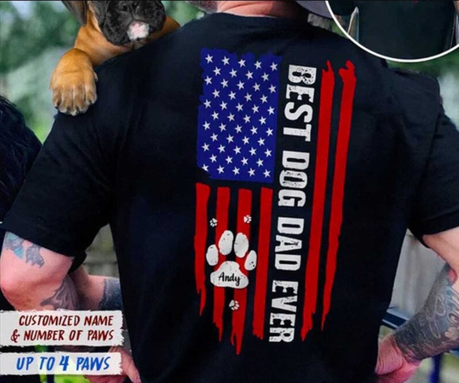 Personalized Best Dog Dad Ever American Flag Back Dog T-Shirt, Fathers Day Gift