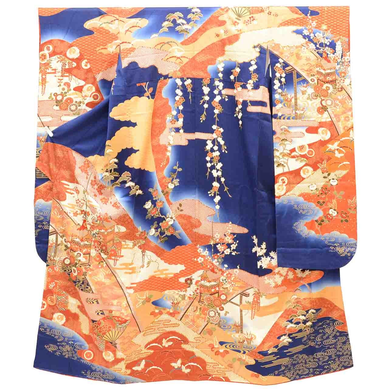 Vintage Japanese Kimono | Furisode | Navy Silk | Size L-L |uu2364b