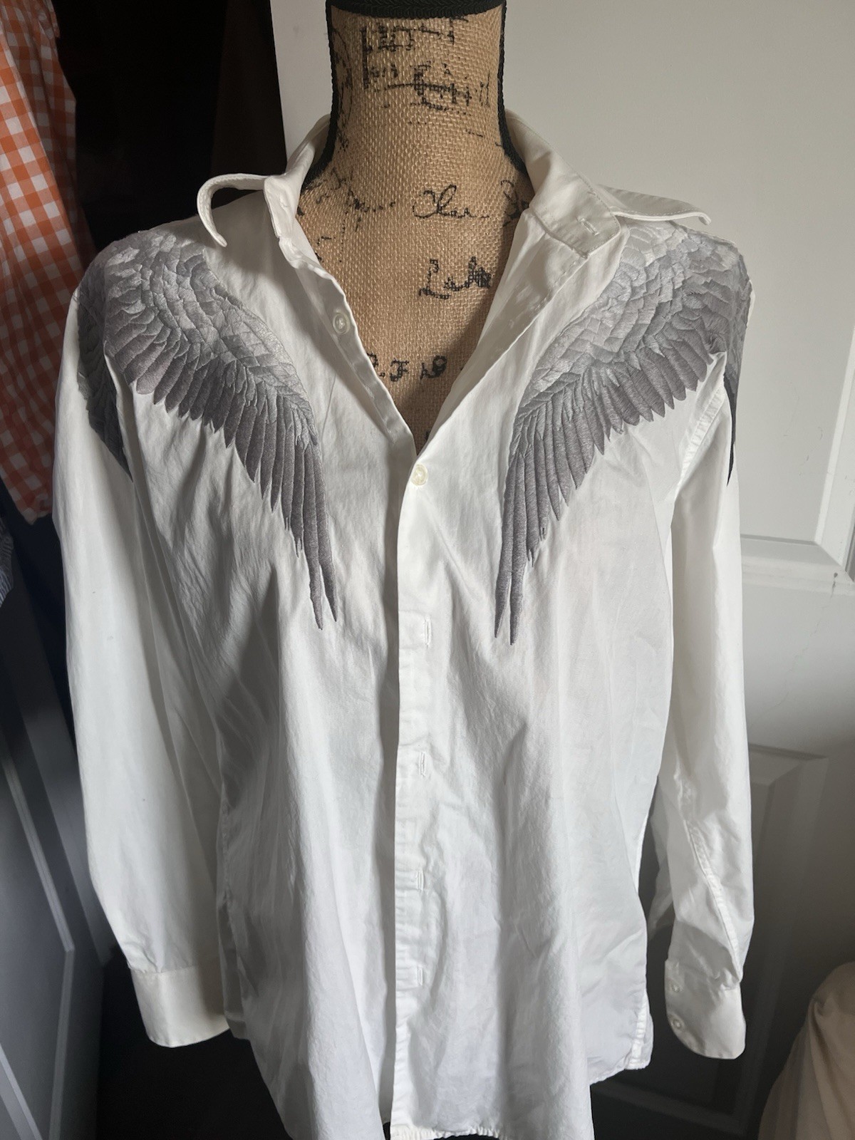 I.N.C. International Concepts Men’s L White Angel Wings Embroidered Button-Up