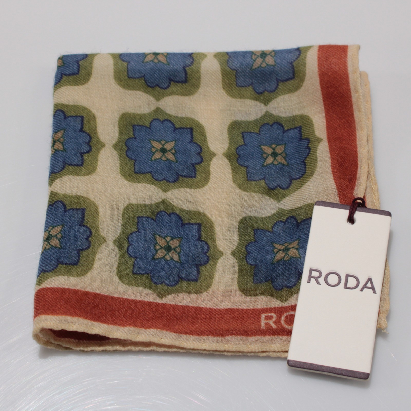 Roda NWT 100% Wool Pocket Square Orange / Ivory / Blue / Green Geometric Print