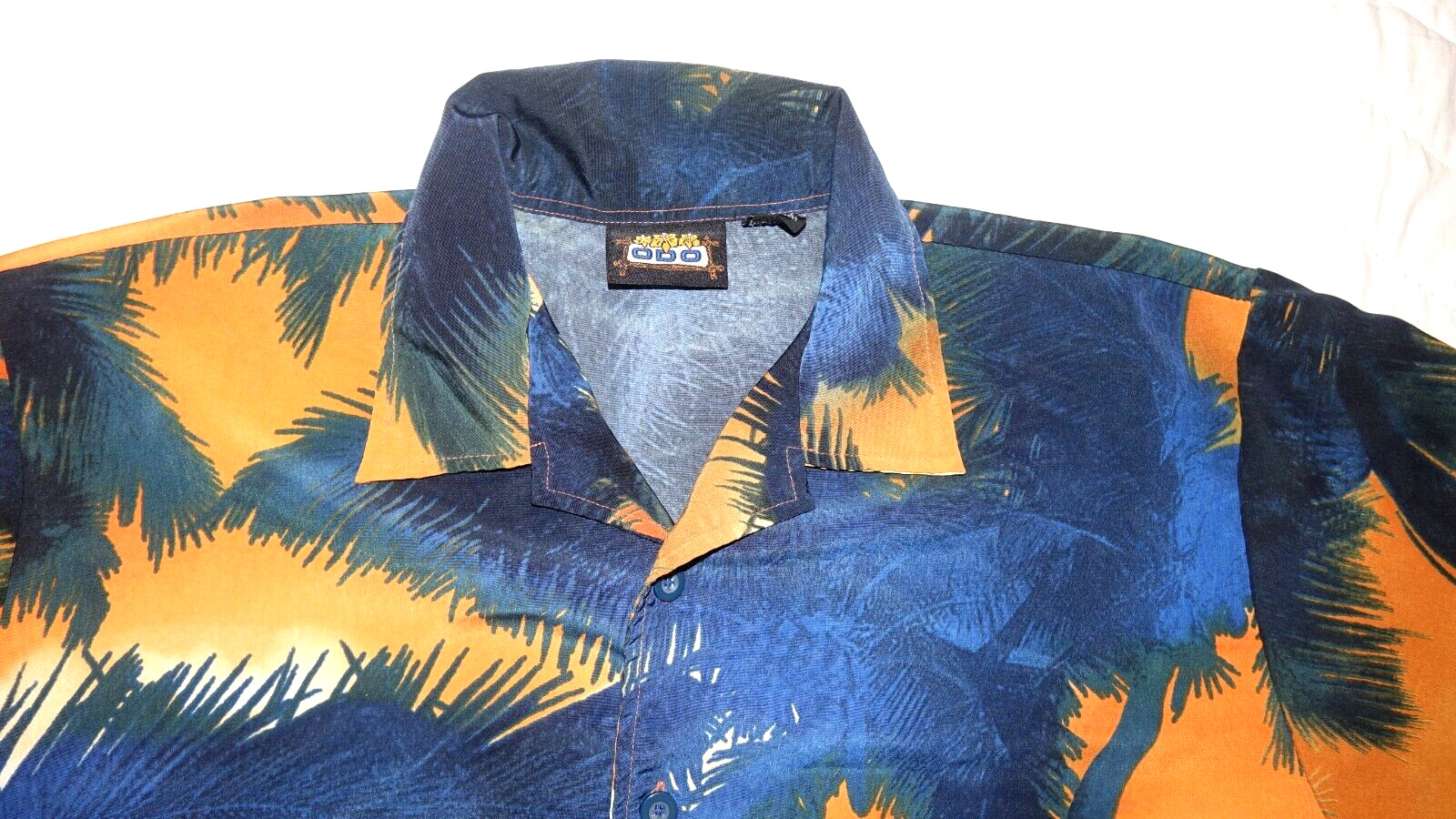 ODO Hawaiian Shirt Men’s Size L Large Loud Blue Orange Ocean Sunset Palm Trees
