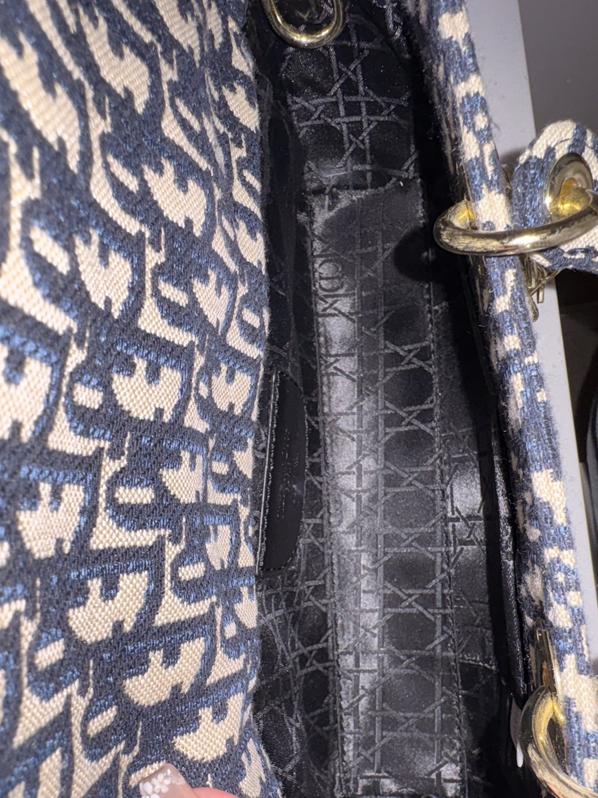 Dior Blue Beige Monogram Jacquard Top Handle Bag Gold Hardware CD Charm