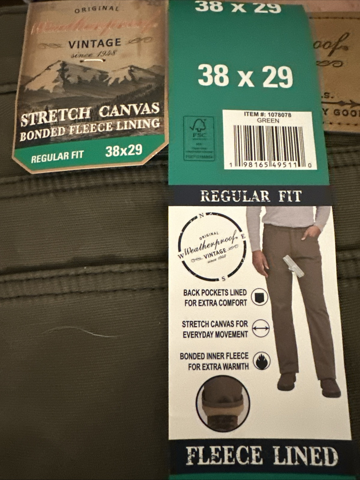 Weatherproof Vintage Men’s Fleece Lined Pant Bonded Stretch Canvas 38×29 Green