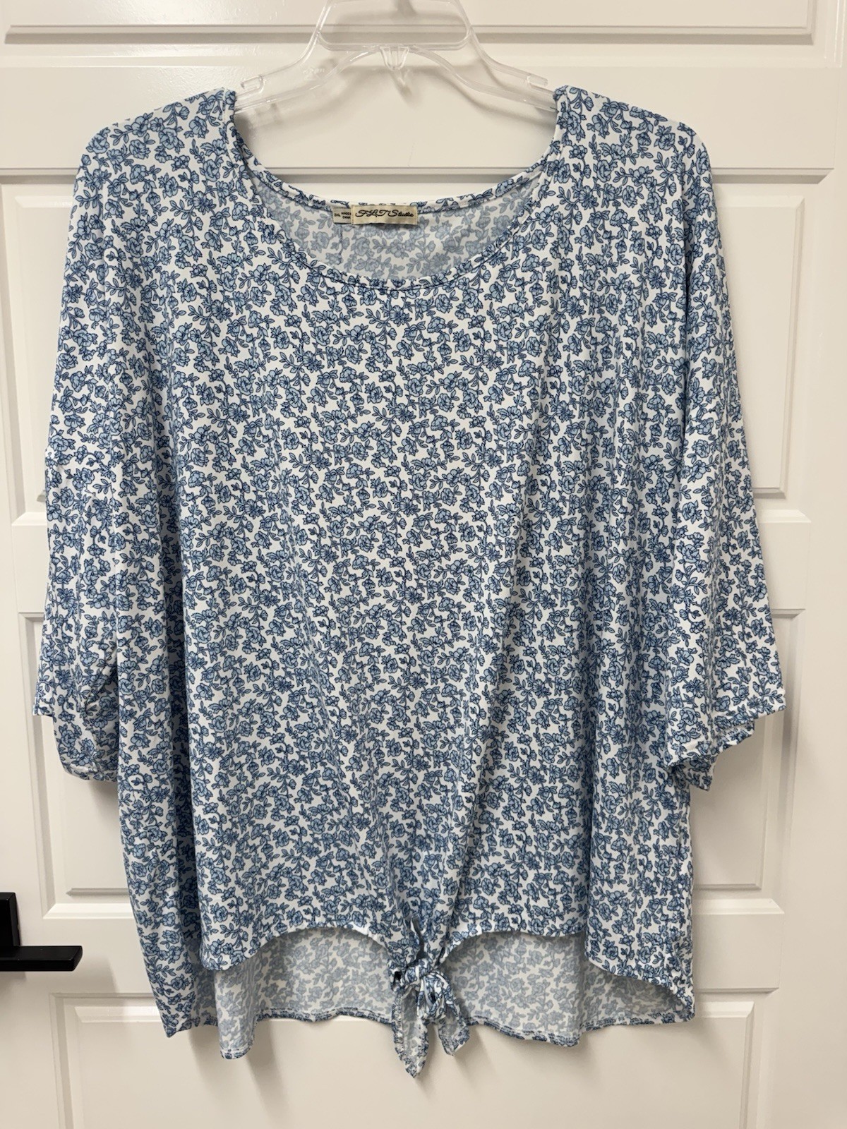 3XL Woman Top Blouse Blue Floral Pullover Tie Front Nice! A8